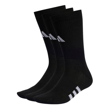 Three black Adidas socks with a white logo on a white background