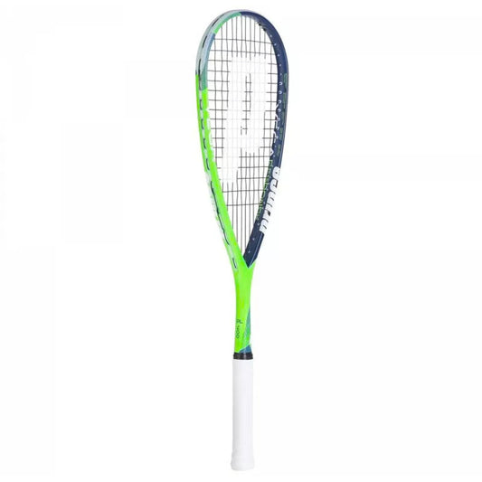 Prince Squash racket with green and blue design on a white background