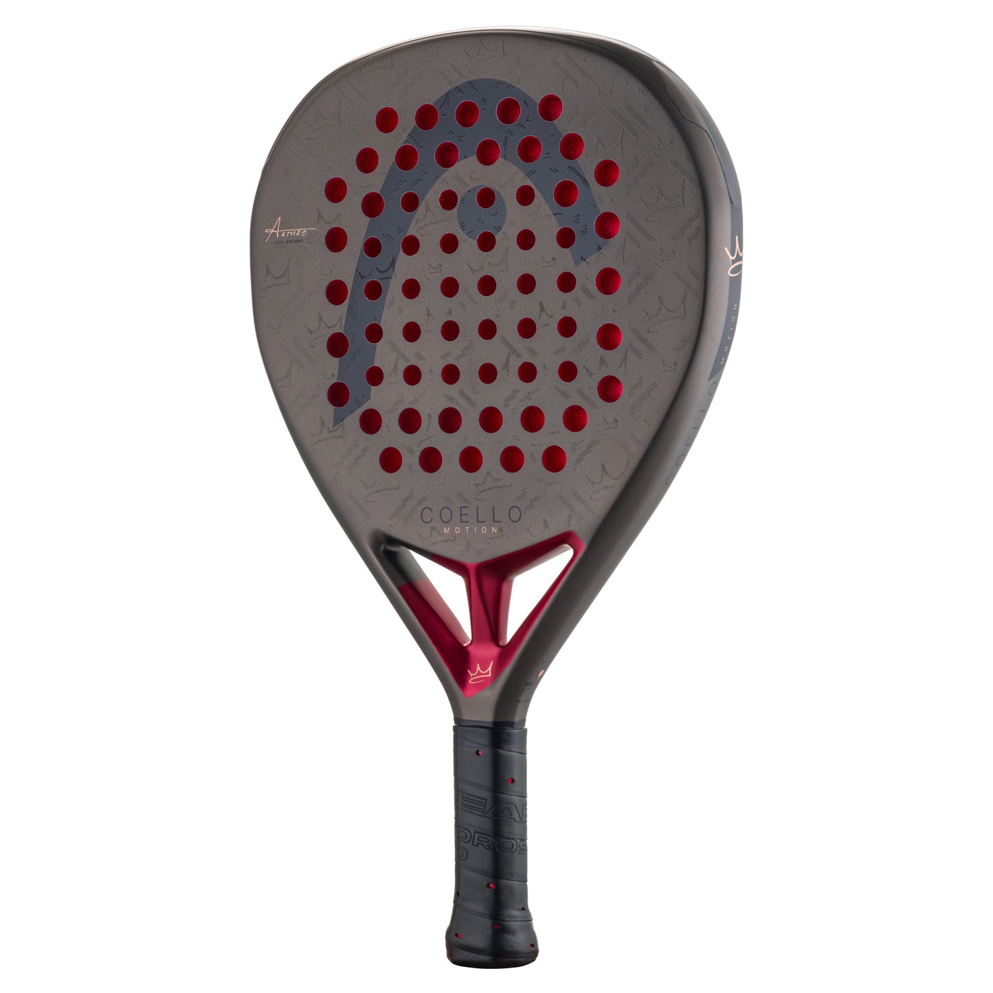 Padel racket with red and black design on a white background
