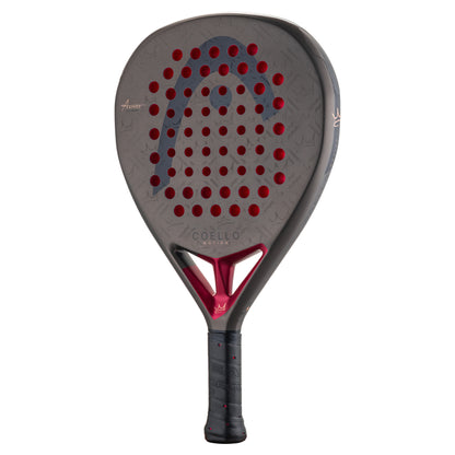 Padel racket with red and black design on a white background
