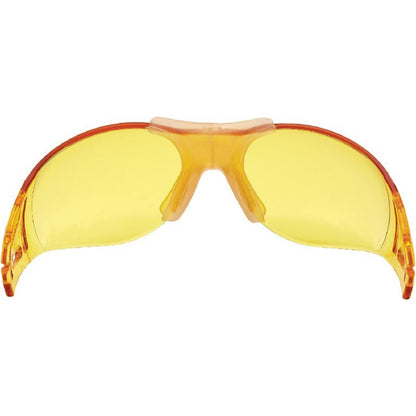 Yellow safety glasses with orange frame on a white background