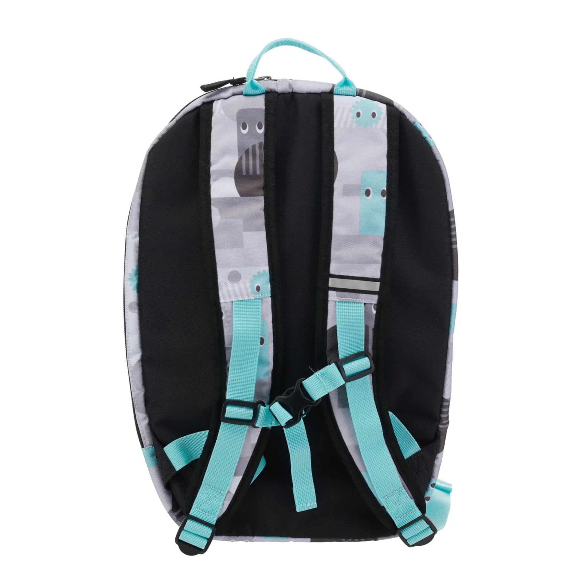 Back view of a backpack with black, gray, and turquoise design on a white background
