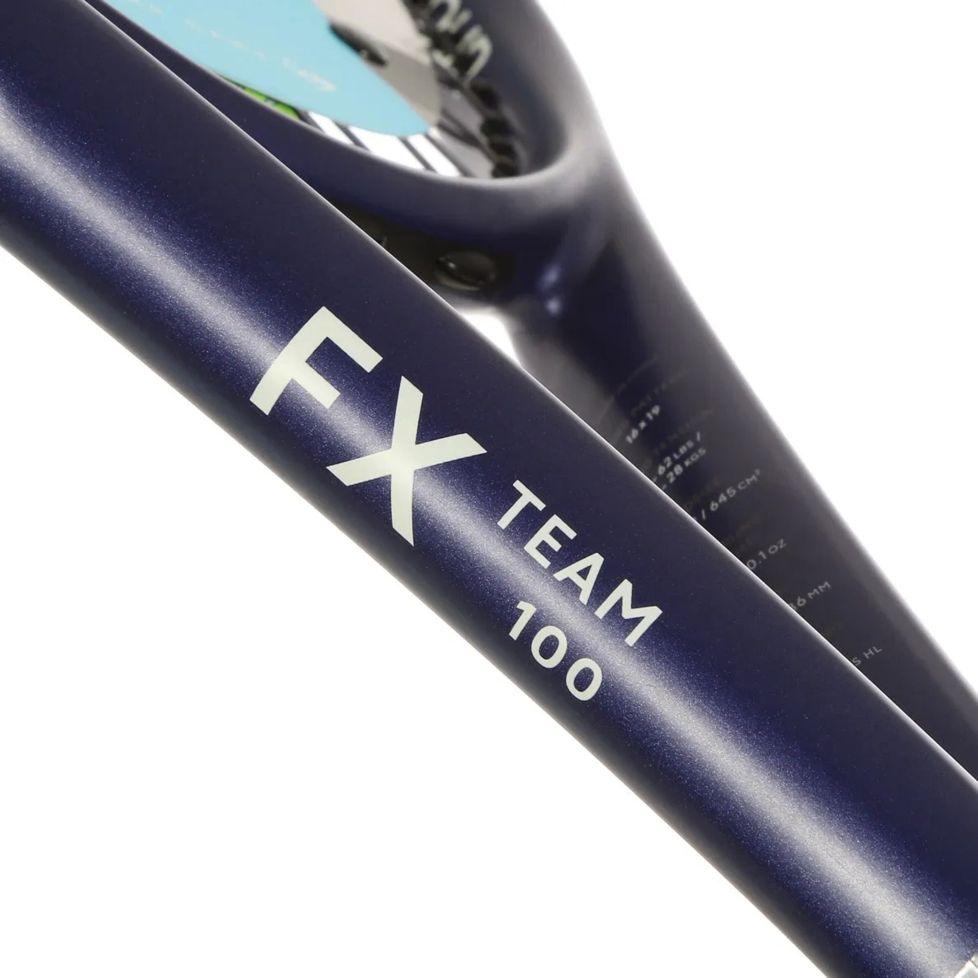 Close-up of a dark navy Dunlop tennis frame with white printed text reading 'FX TEAM 100' on a clean white background.