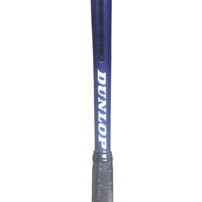 Close-up of a Dunlop golf tennis shaft in metallic blue with white DUNLOP branding, showing part of the textured gray grip against a plain white background.