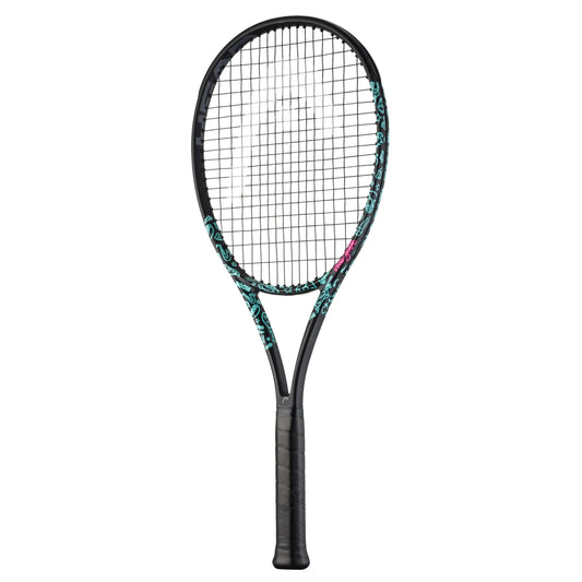 Head tennis racket with a black and green design with a black handle on a white background