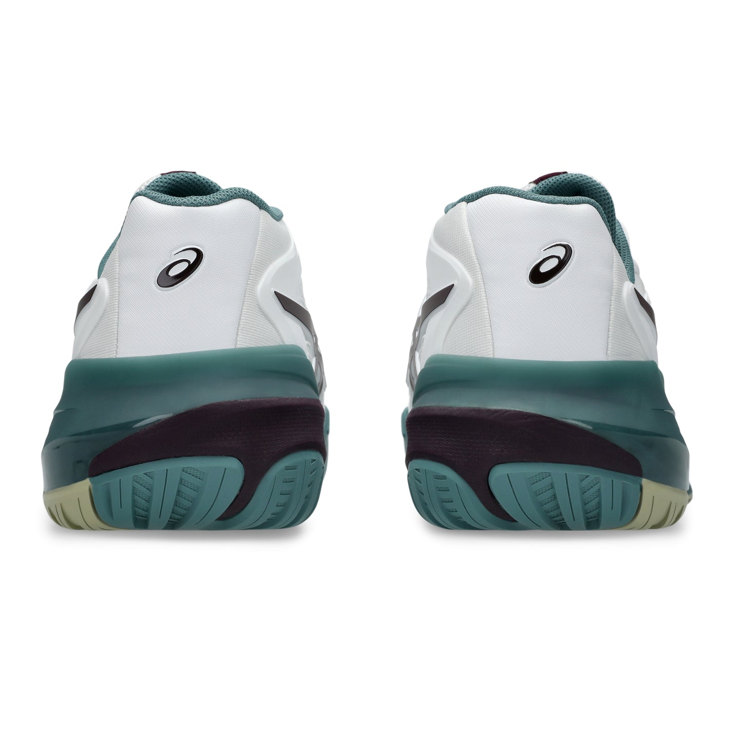 A pair of Asics tennis shoes shown from the rear, featuring a white leather upper, teal midsoles, and dark purple and beige outsoles, set against a plain white background.