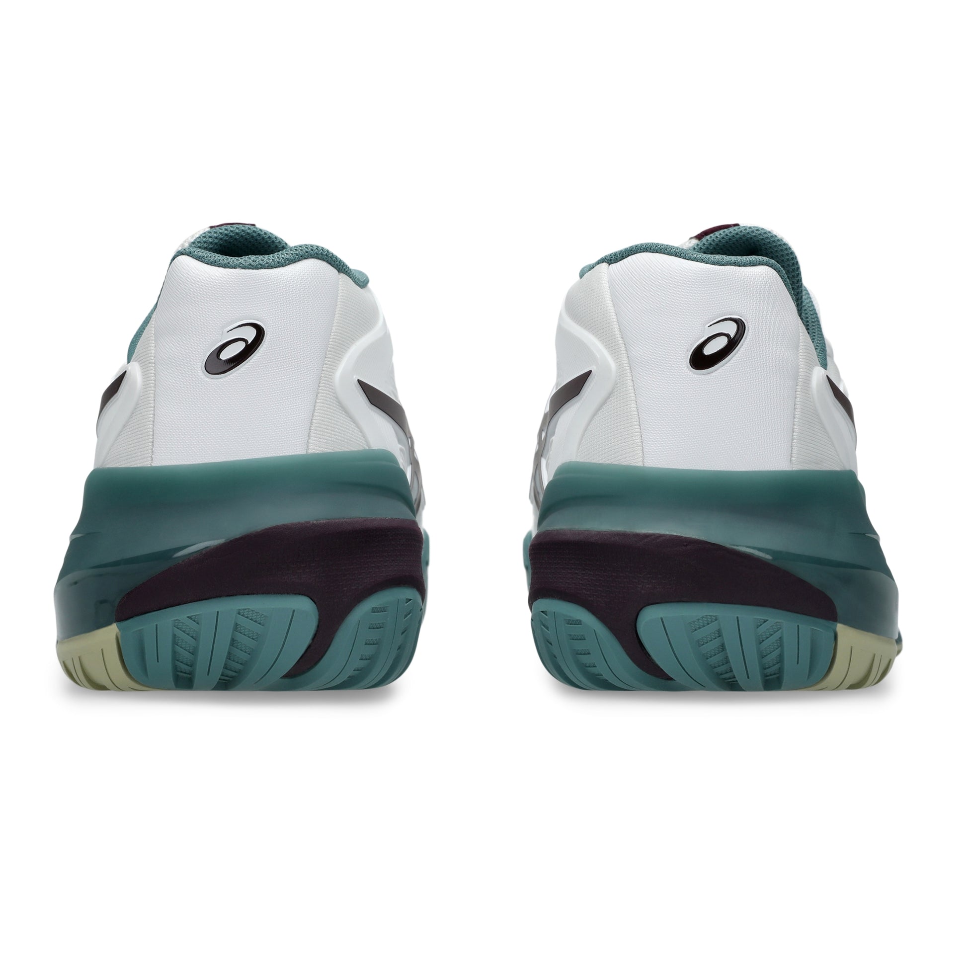 A pair of Asics tennis shoes shown from the rear, featuring a white leather upper, teal midsoles, and dark purple and beige outsoles, set against a plain white background.