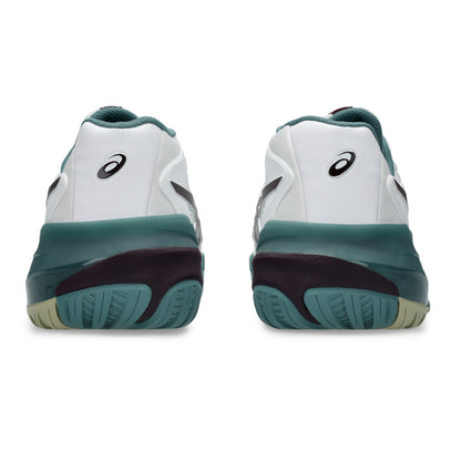 A pair of Asics tennis shoes shown from the rear, featuring a white leather upper, teal midsoles, and dark purple and beige outsoles, set against a plain white background.