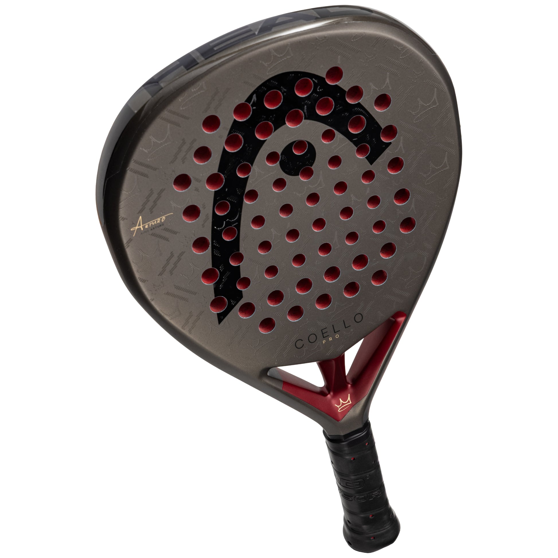 Padel racket with red and black design on a white background