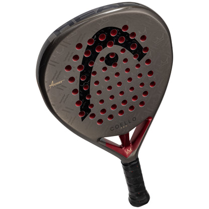 Padel racket with red and black design on a white background