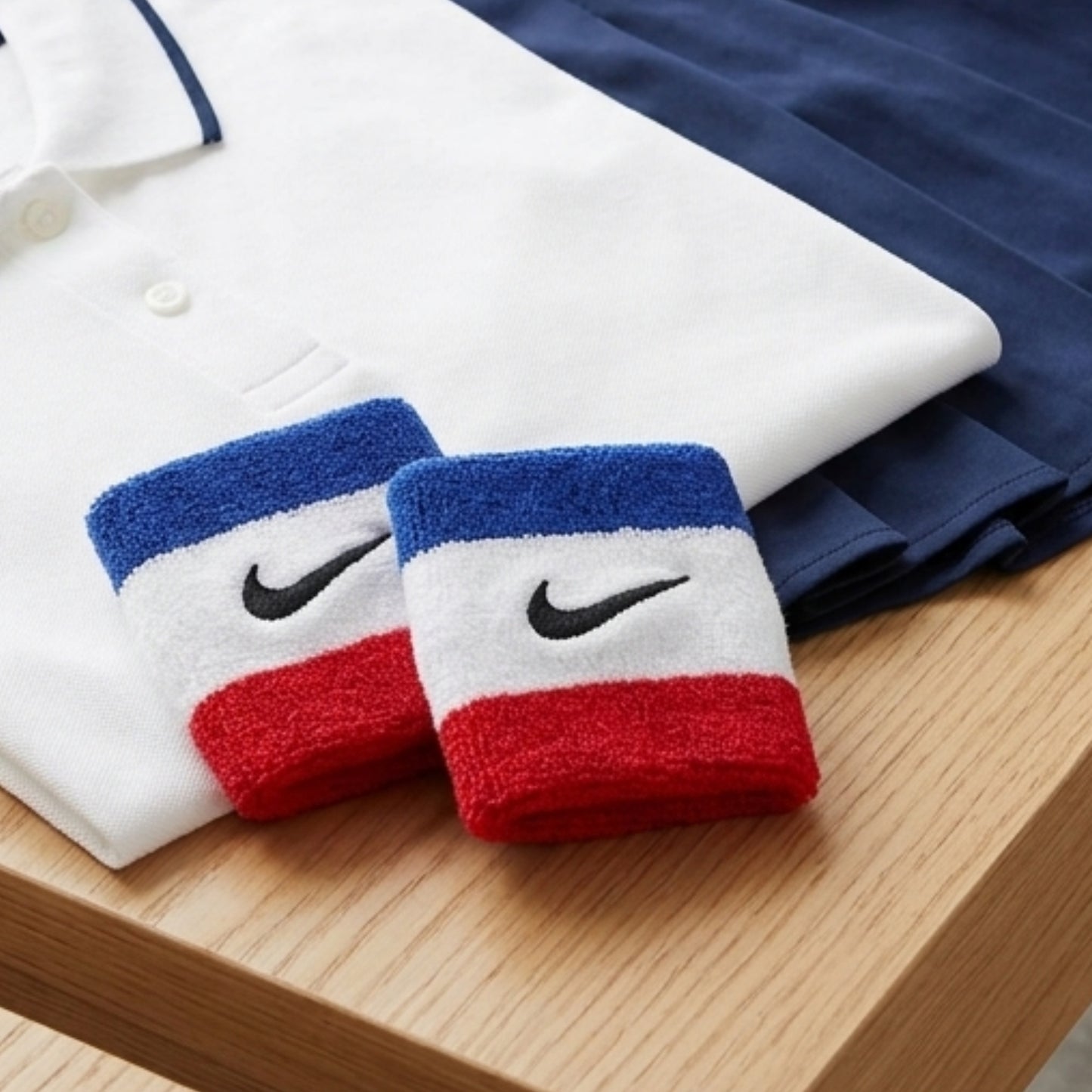 Pair of red, white, and blue wristbands with Nike logo on a white background