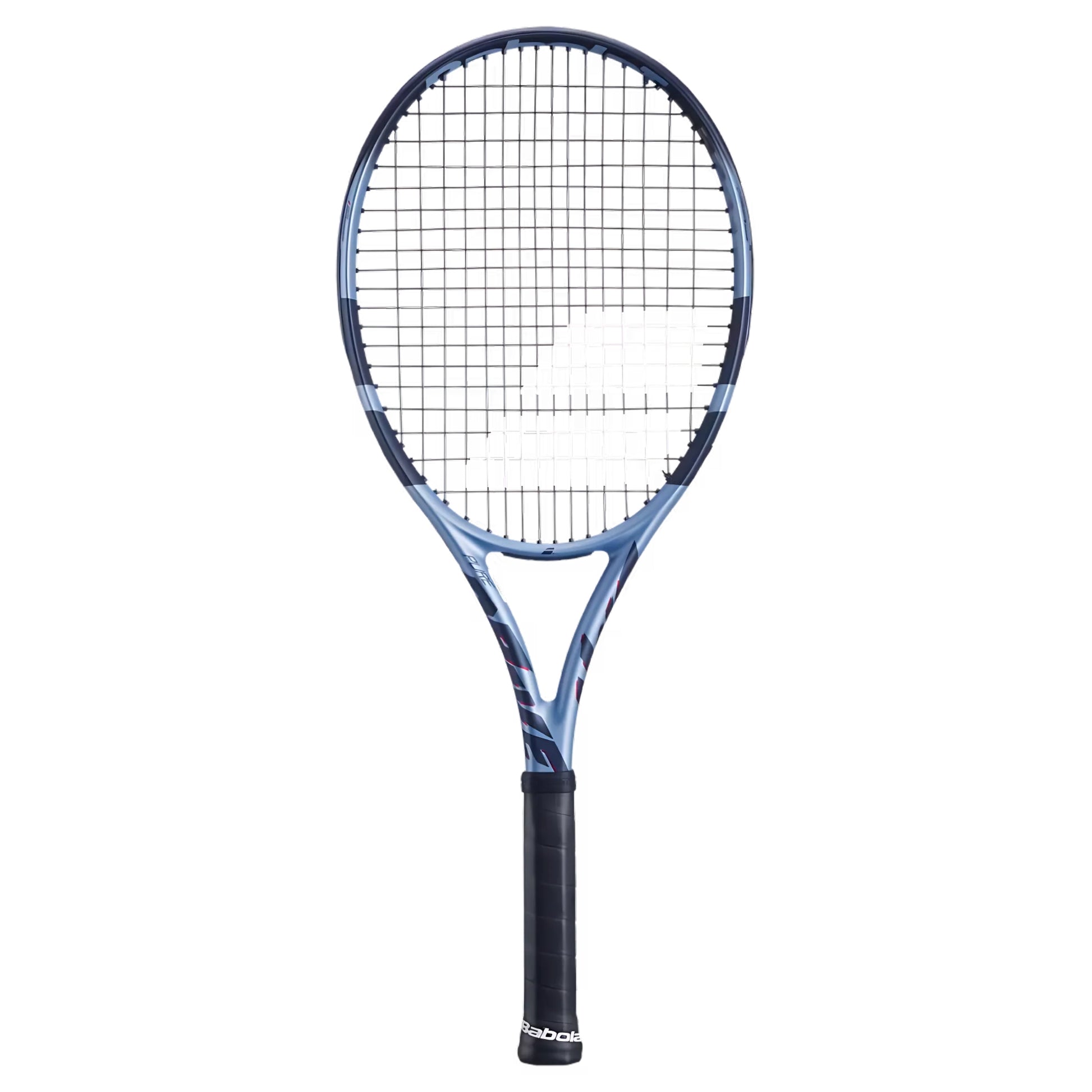 Blue and Navy Babolat racket with wording Pure Drive on the left and a black handle