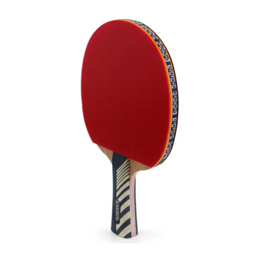 Red tennis bat with a black handle on a white background