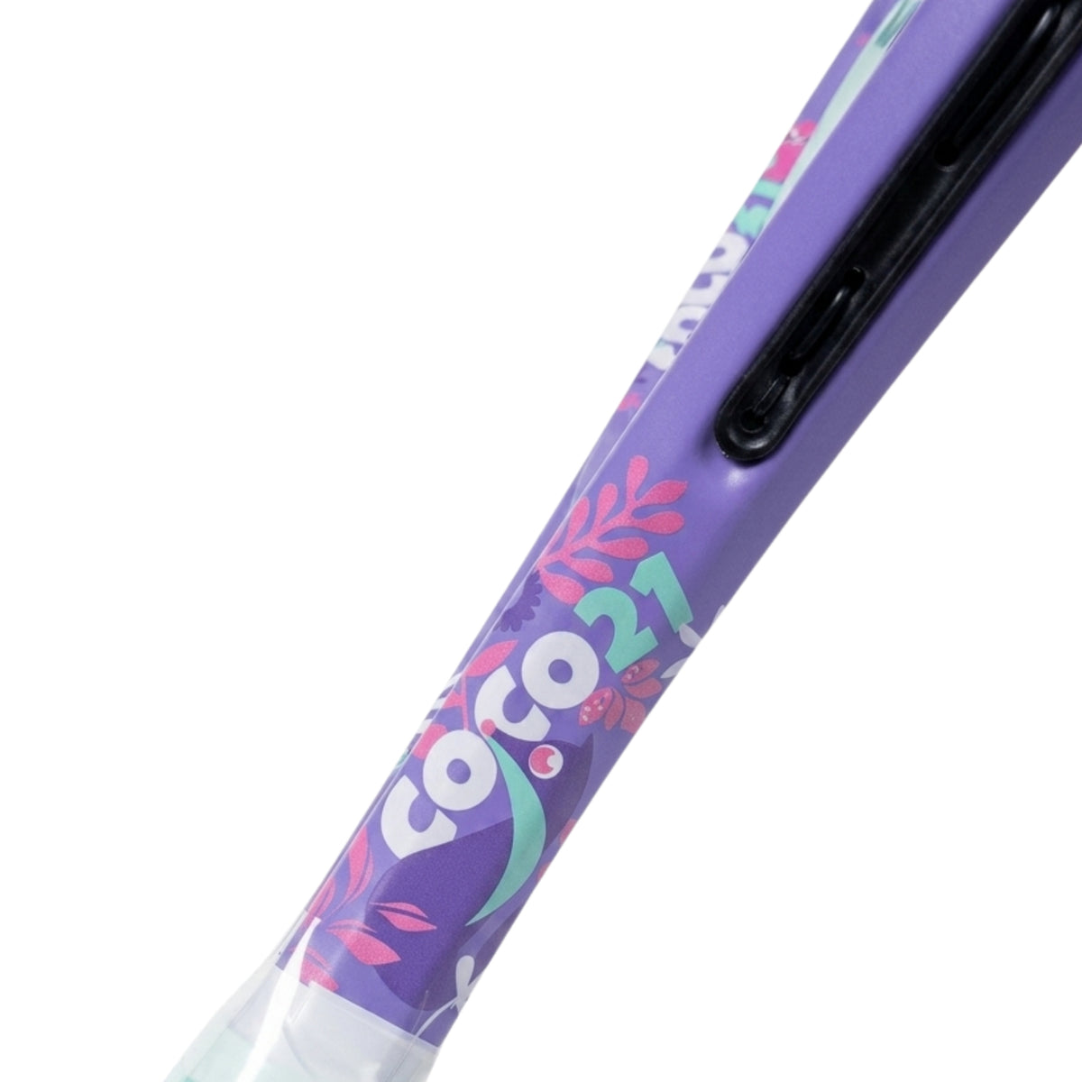A close-up of a purple tennis racket with a colorful floral design and the text 'coco 21' printed on it, shown against a plain white background.