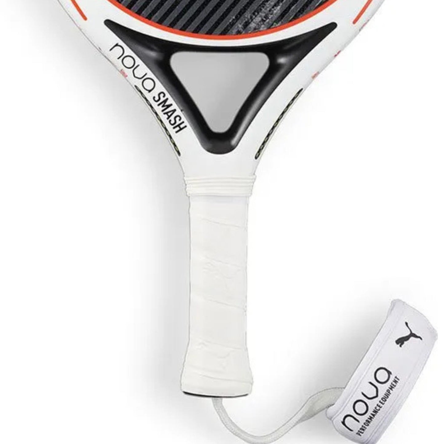 Puma padel racket with nova smash on the racket and a whote handle 