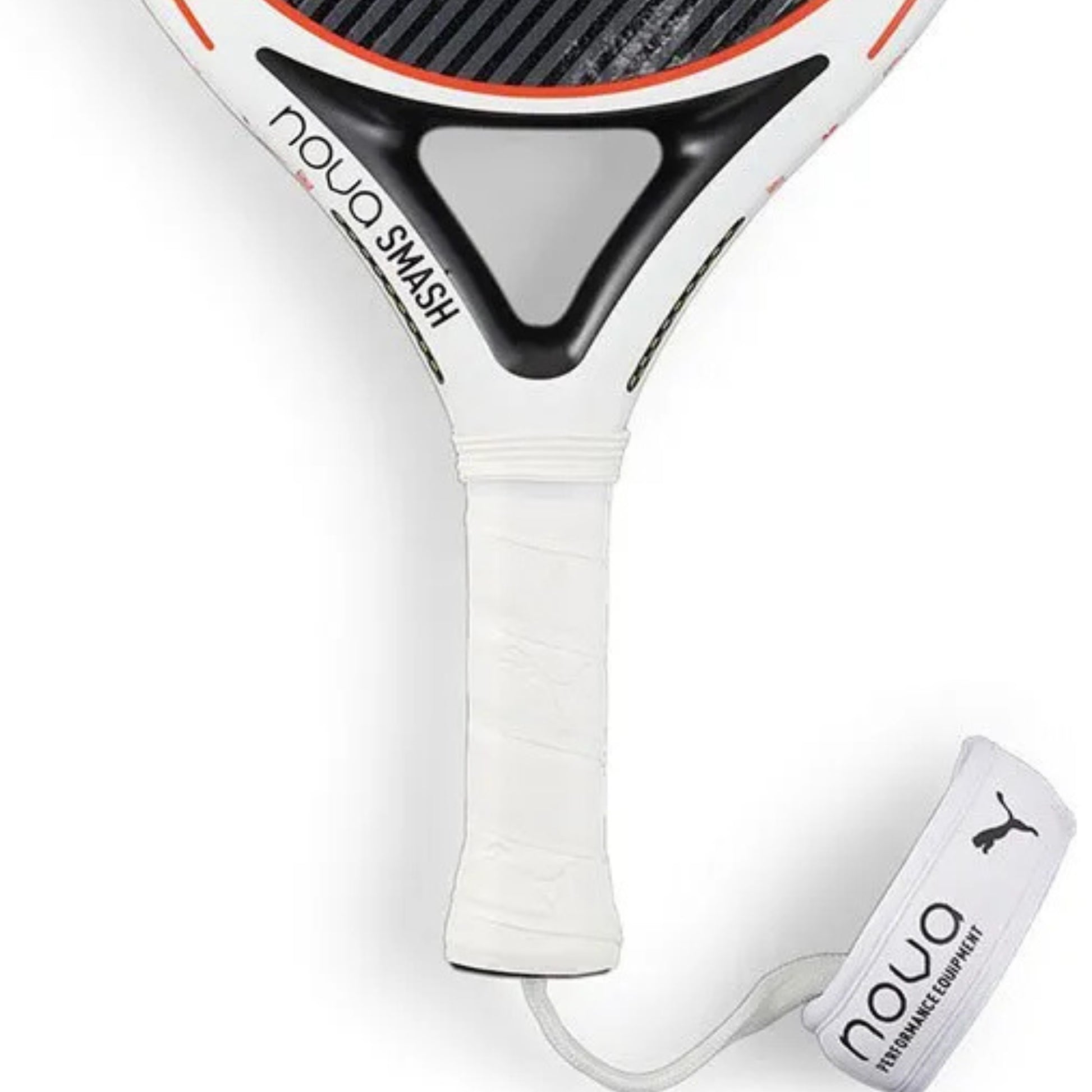 Puma padel racket with nova smash on the racket and a whote handle 