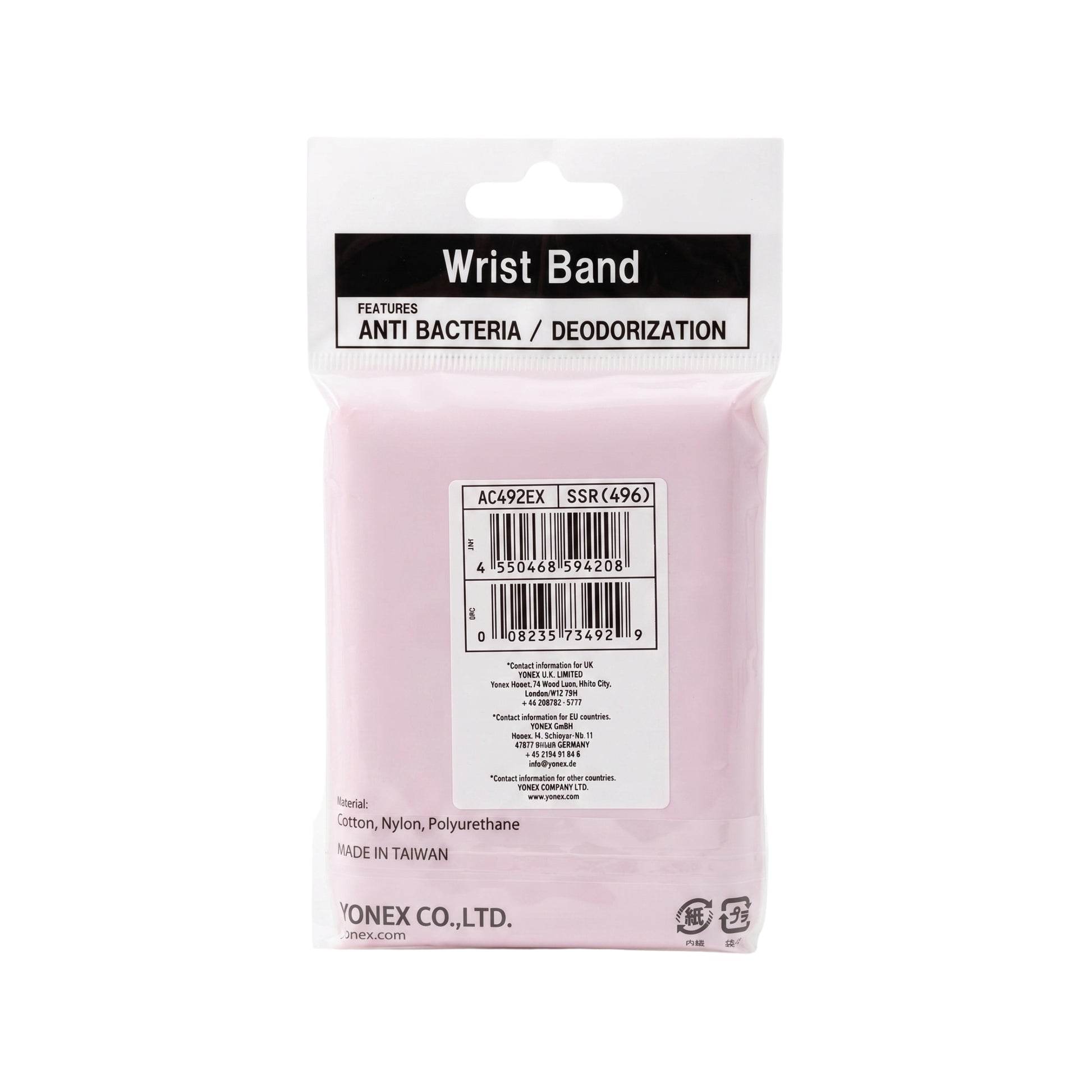Pink wrist band packaging with branding and product details on a white background