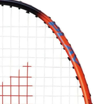 Orange Yonex badminton racket on a white background