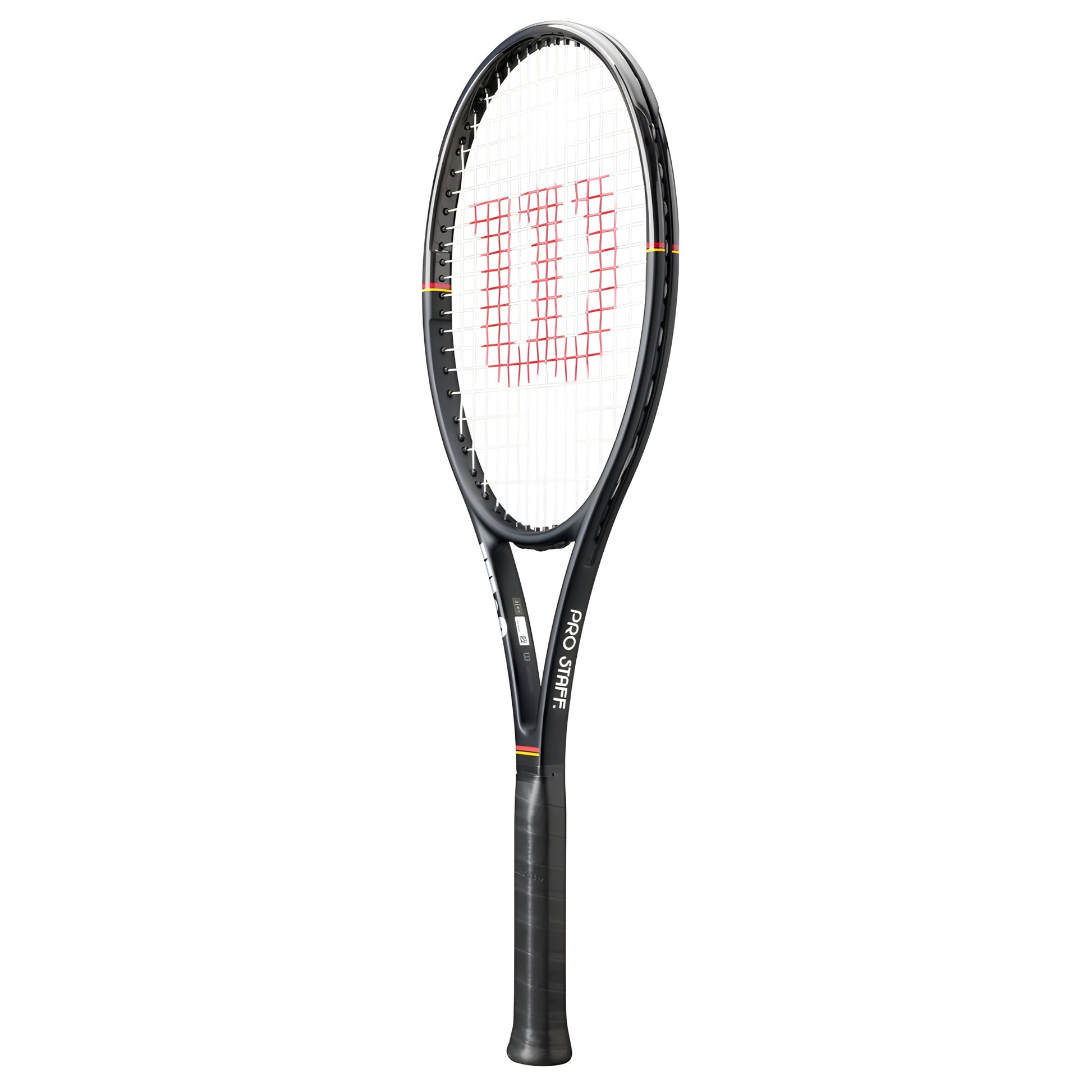 Black tennis racket with a visible brand logo on a white background