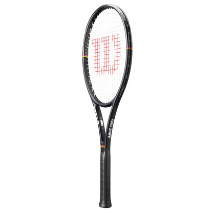 Black tennis racket with a visible brand logo on a white background