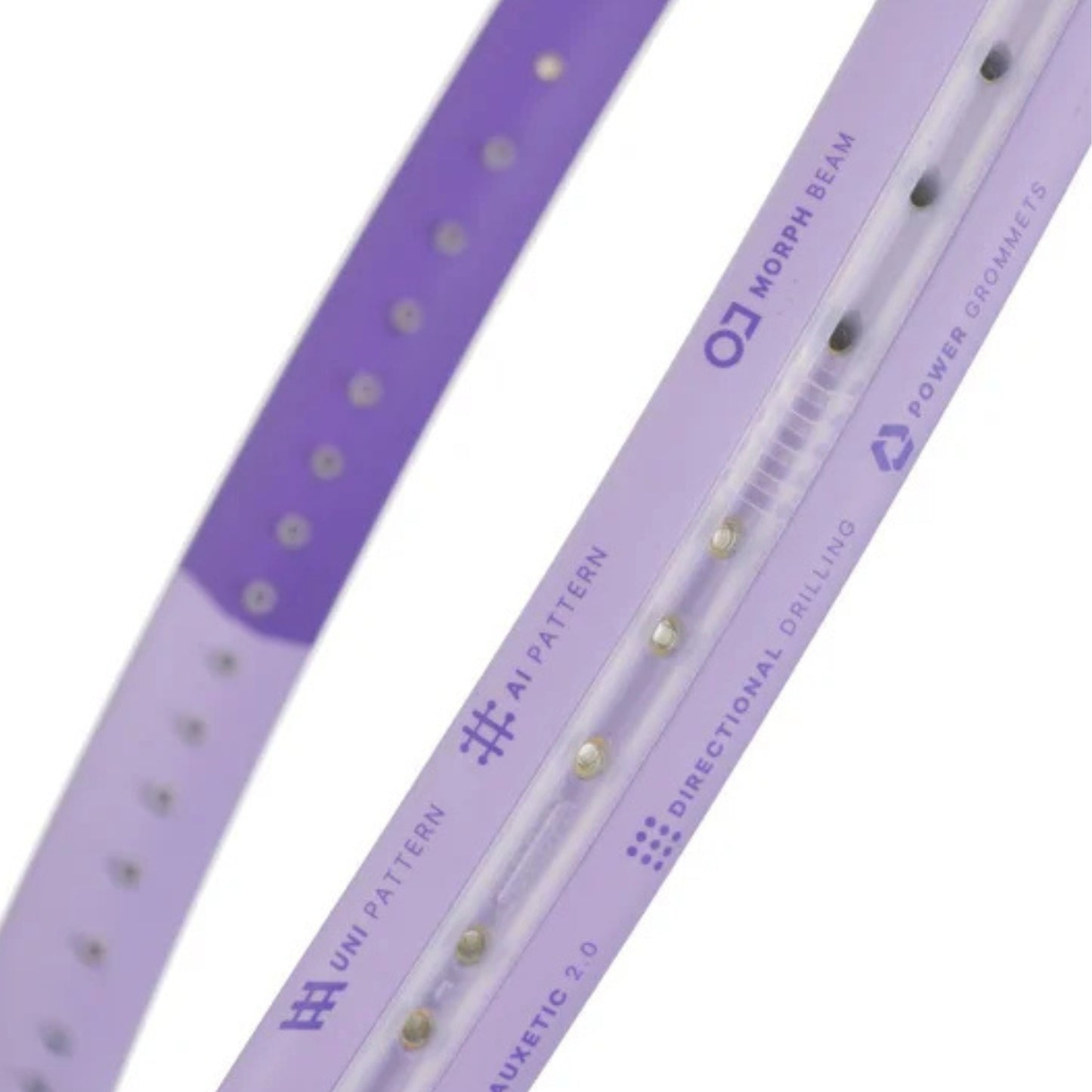 Close-up of a purple Head racket tennis frame with technology details on a white background