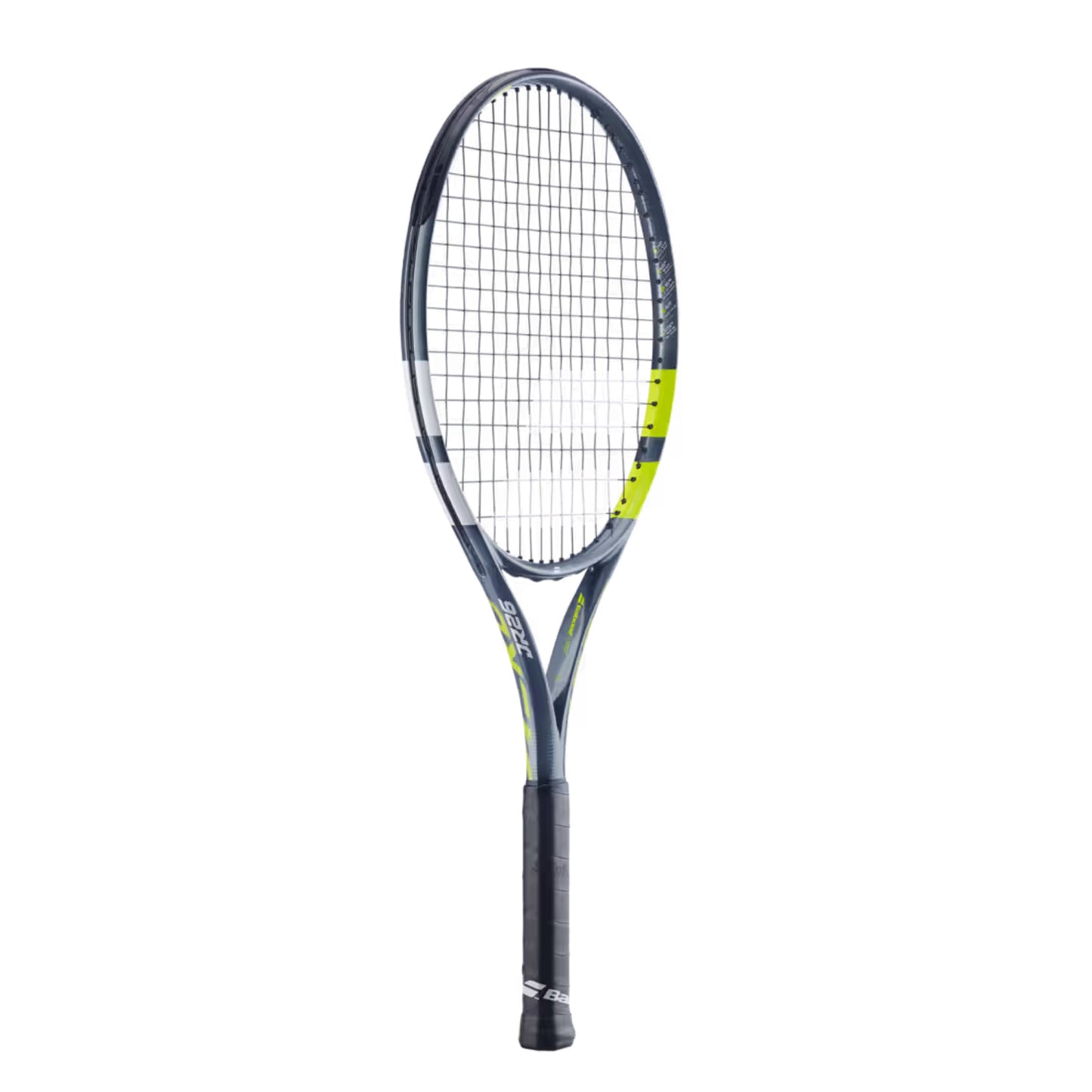 Tennis Babolat racket with a black and yellow design on a white background