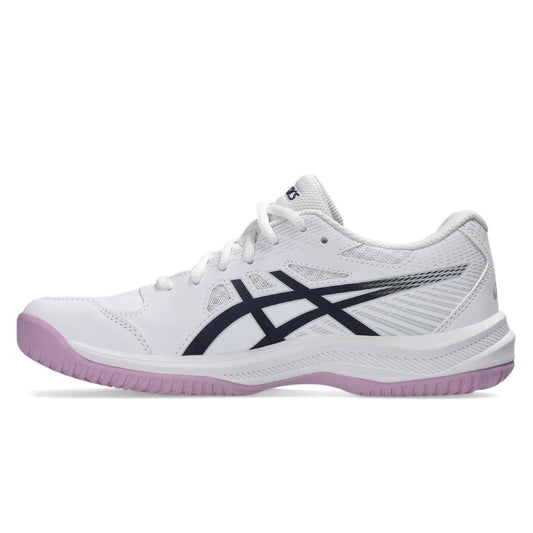 White Asics tennis shoe with black accents on a white background