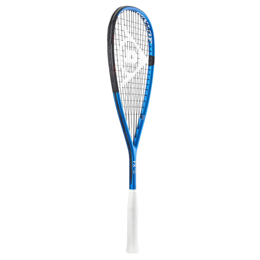 Blue and white squash racket on a white background