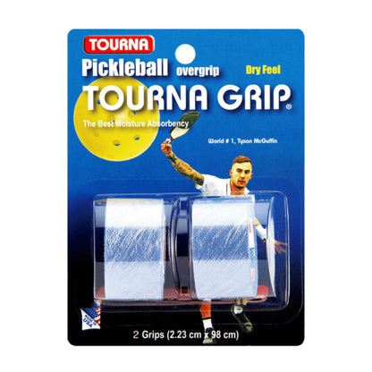 Packaging of Tourna pickleball overgrip with a player illustration on a blue background