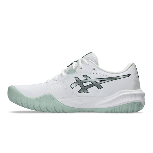 White Asics tennis shoe with gray accents on a white background