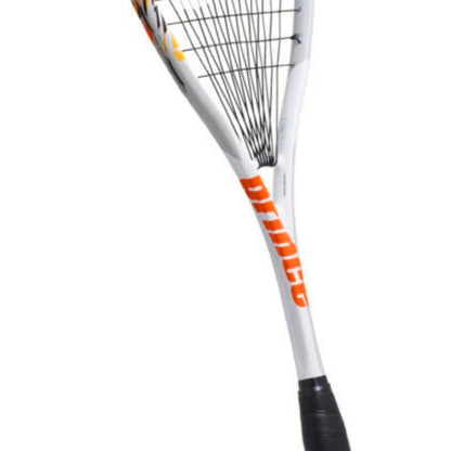 White Prince squash racket with orange accents on a white background