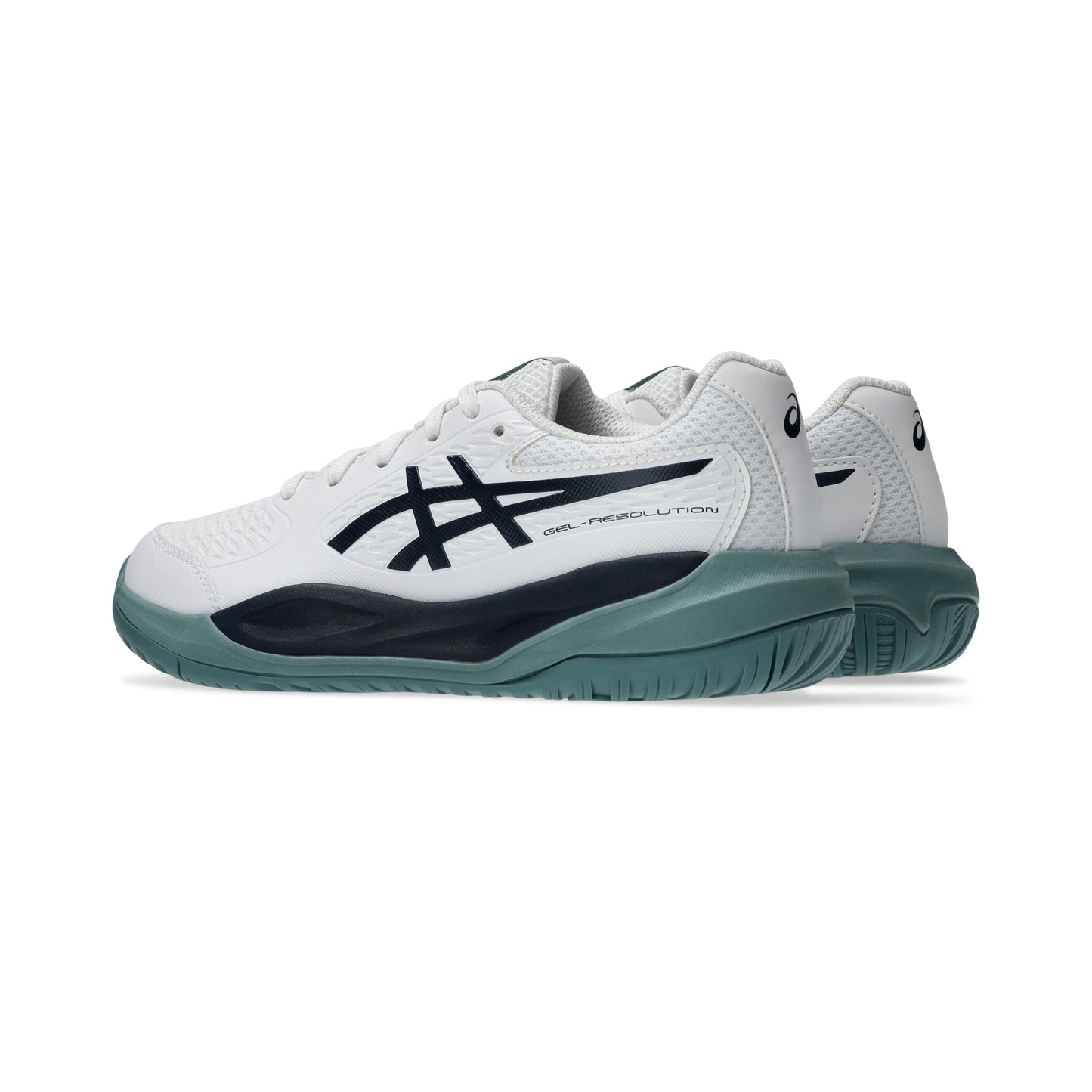 White, navy and green Asics tennis shoes on a white background