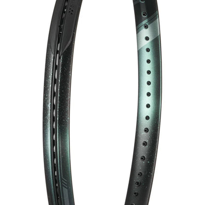 Close-up of a black and green Yonex racket