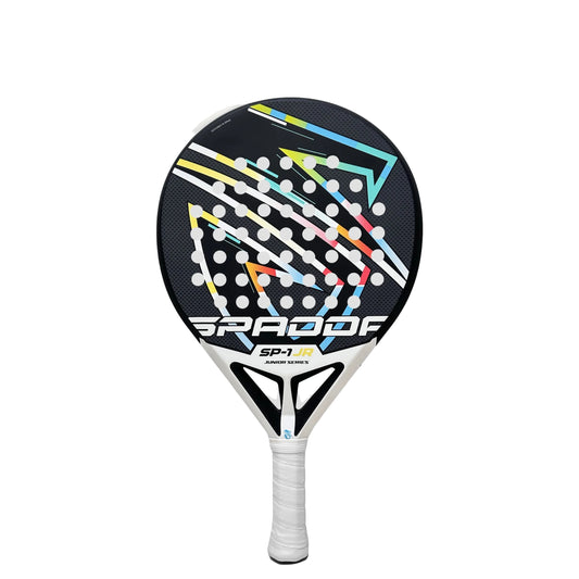 Spadda padel racket with colorful design and brand logo on a white background