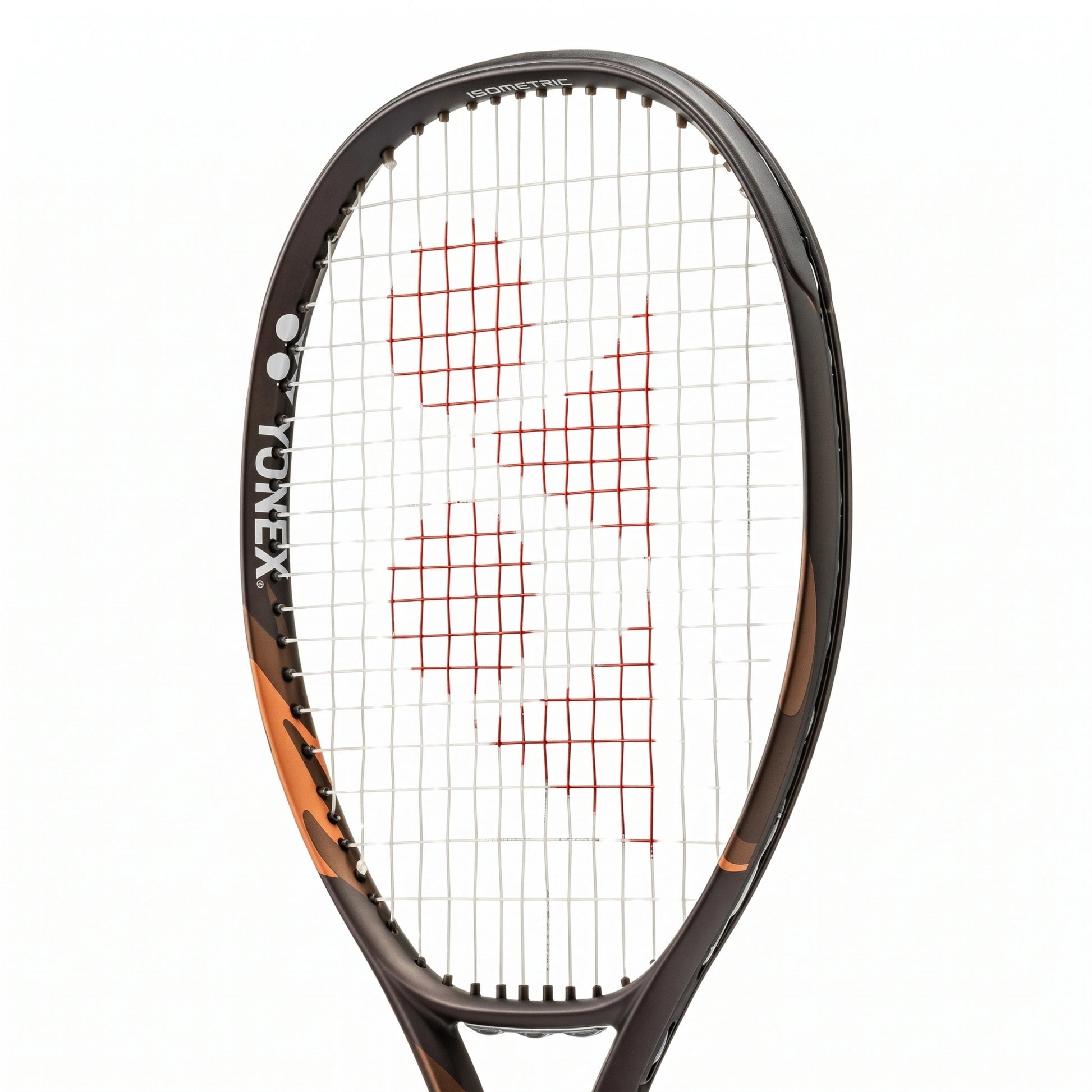 Close-up of a Yonex tennis racket head with white strings and red Yonex logo on the strings, set against a plain white background.