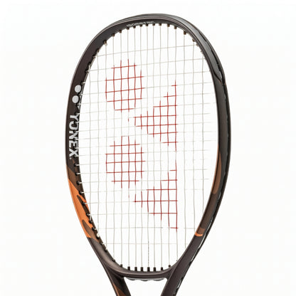 Close-up of a Yonex tennis racket head with white strings and red Yonex logo on the strings, set against a plain white background.