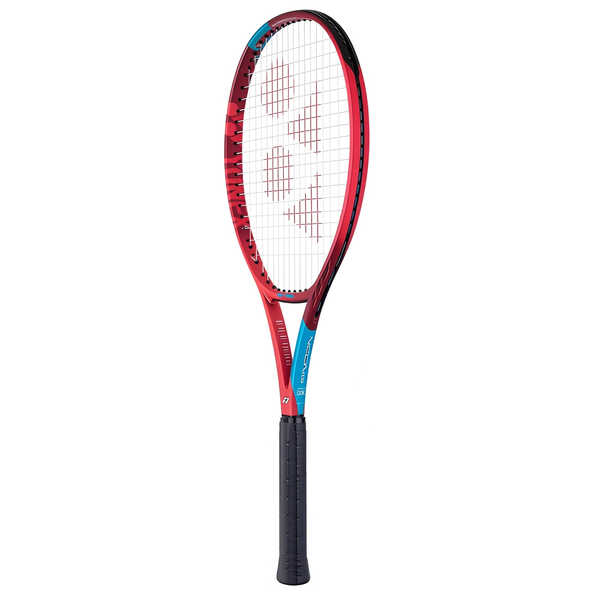 Tennis racket with red and blue design on a white background