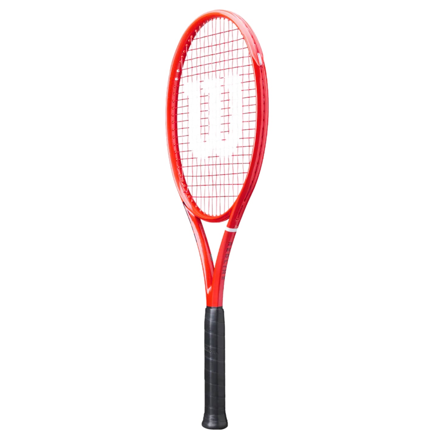 A red and white Wilson tennis racket with a black grip, shown vertically against a plain white background.