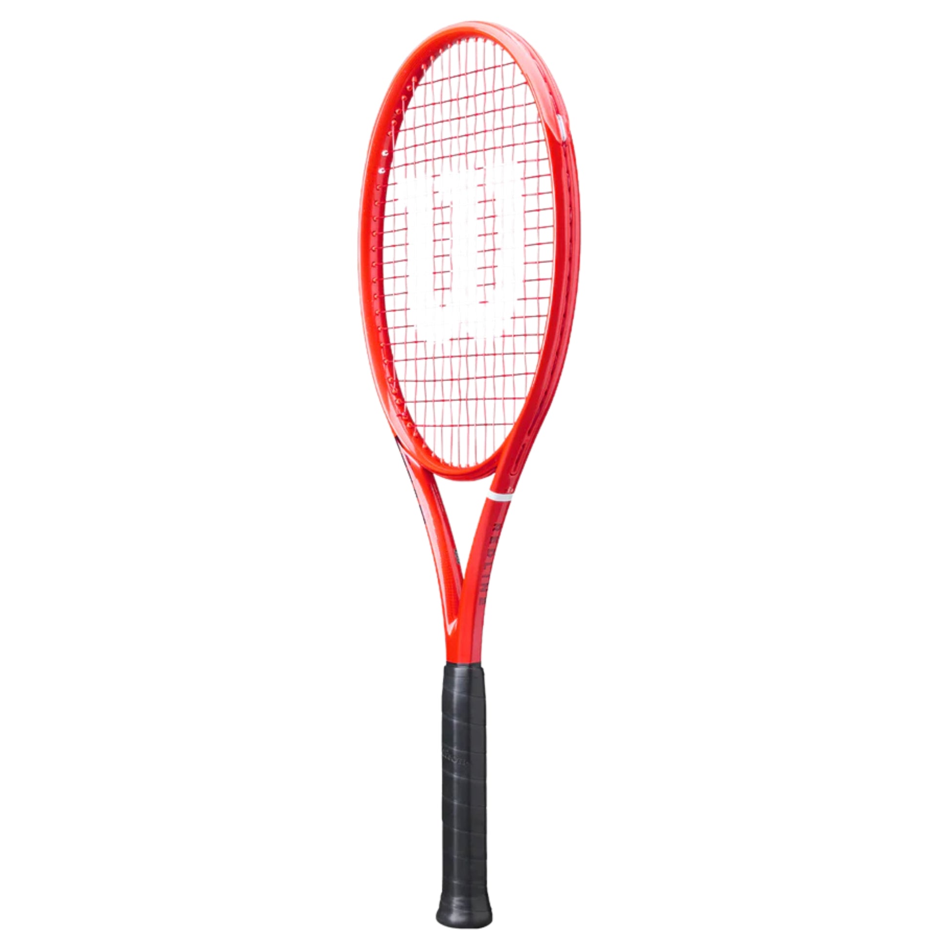 A red and white Wilson tennis racket with a black grip, shown vertically against a plain white background.