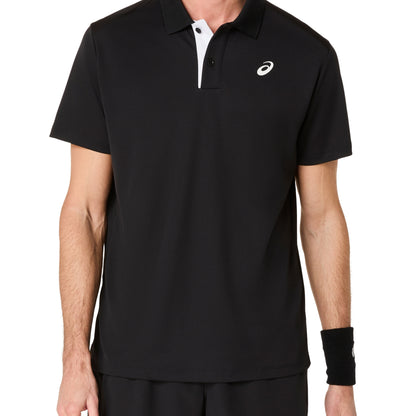 Man wearing a black polo shirt with a white logo, on a white background