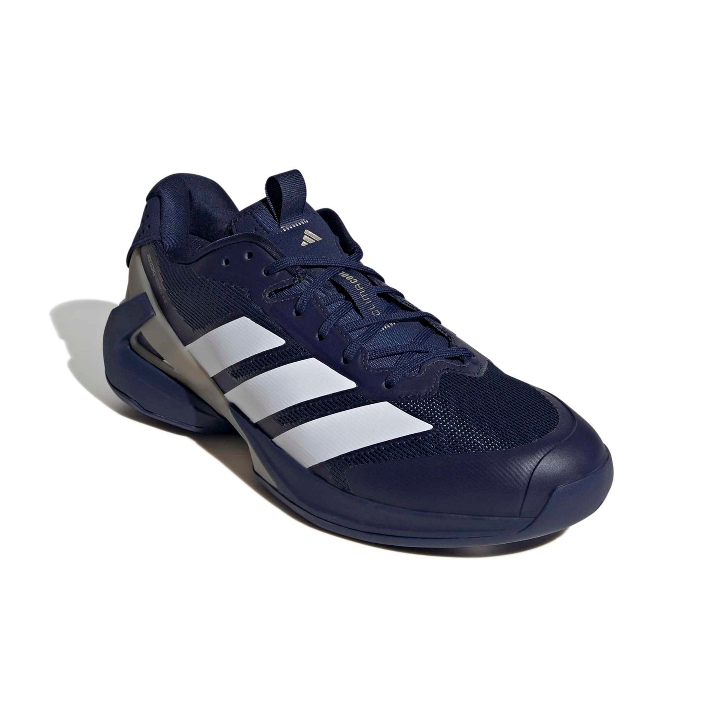 Navy blue and white Adidas tennis shoe on a white background