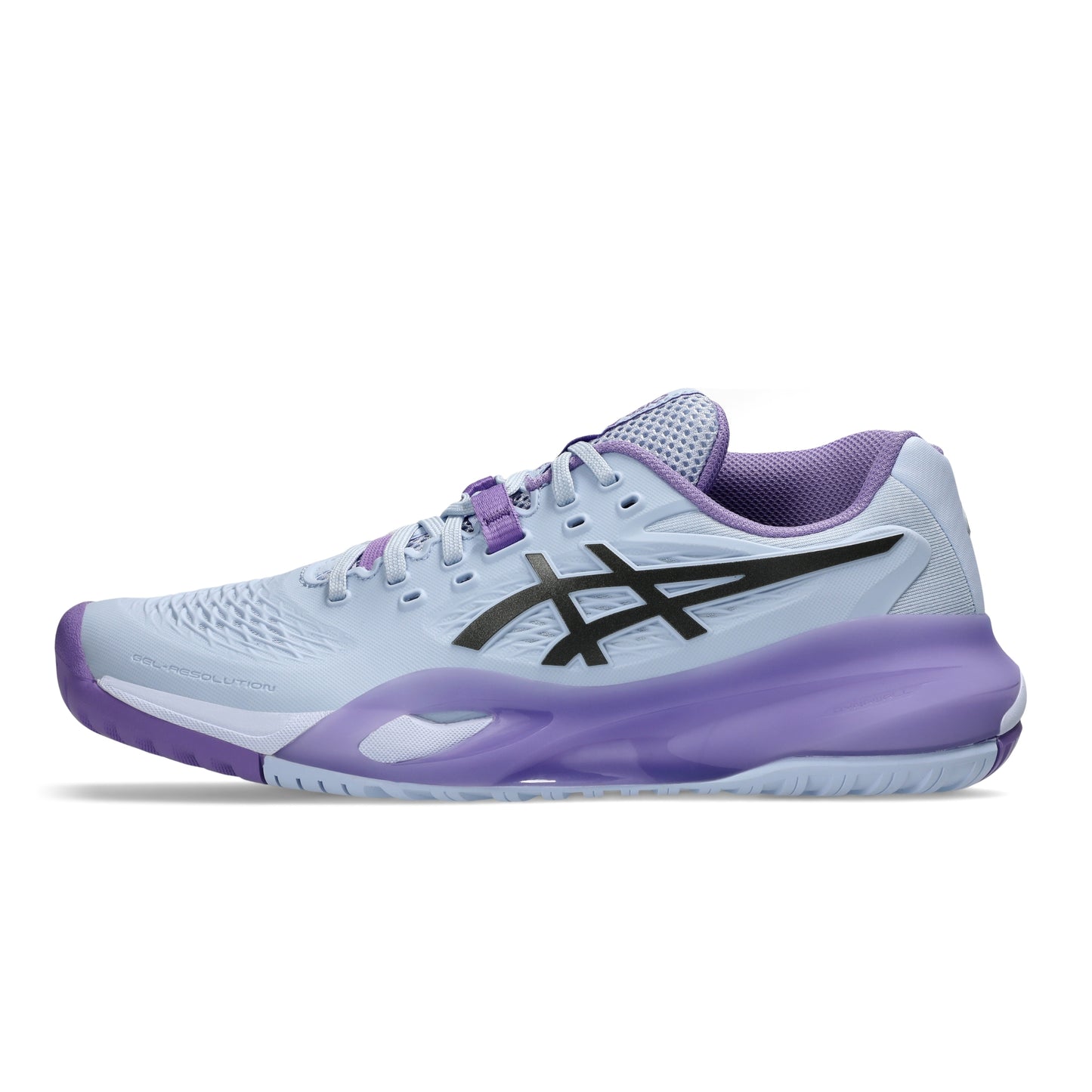 A single ASICS tennis shoe in light gray and purple with a black logo, shown in a side profile on a white background.