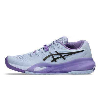 A single ASICS tennis shoe in light gray and purple with a black logo, shown in a side profile on a white background.