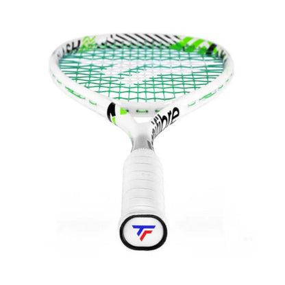 A white Tecnifibre squash racket with green and black graphics, green strings, and a white wrapped handle, shown against a plain white background.