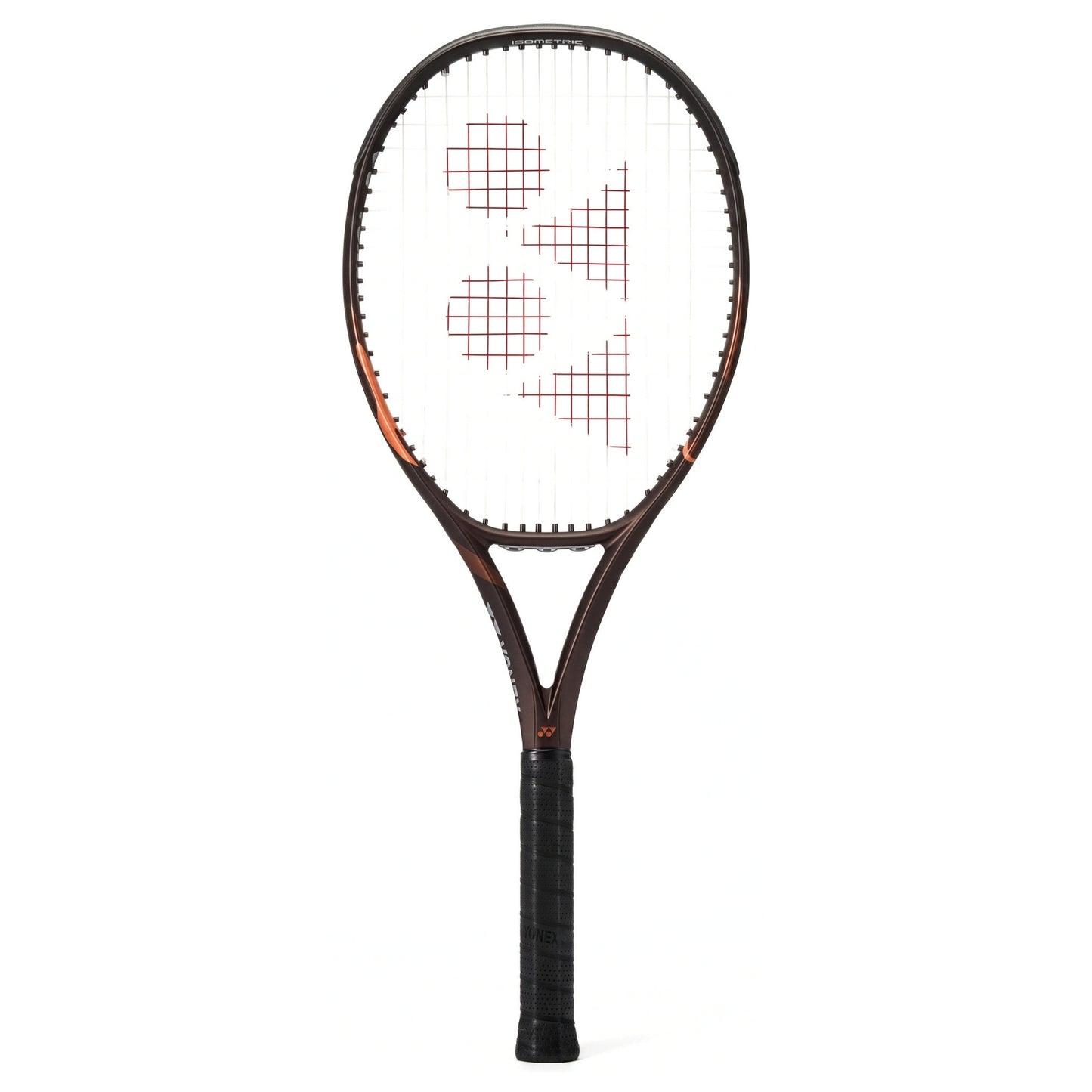 A Yonex tennis racket with a dark brown and black frame, orange accents near the throat, and white strings featuring a red Yonex logo, shown against a plain white background.