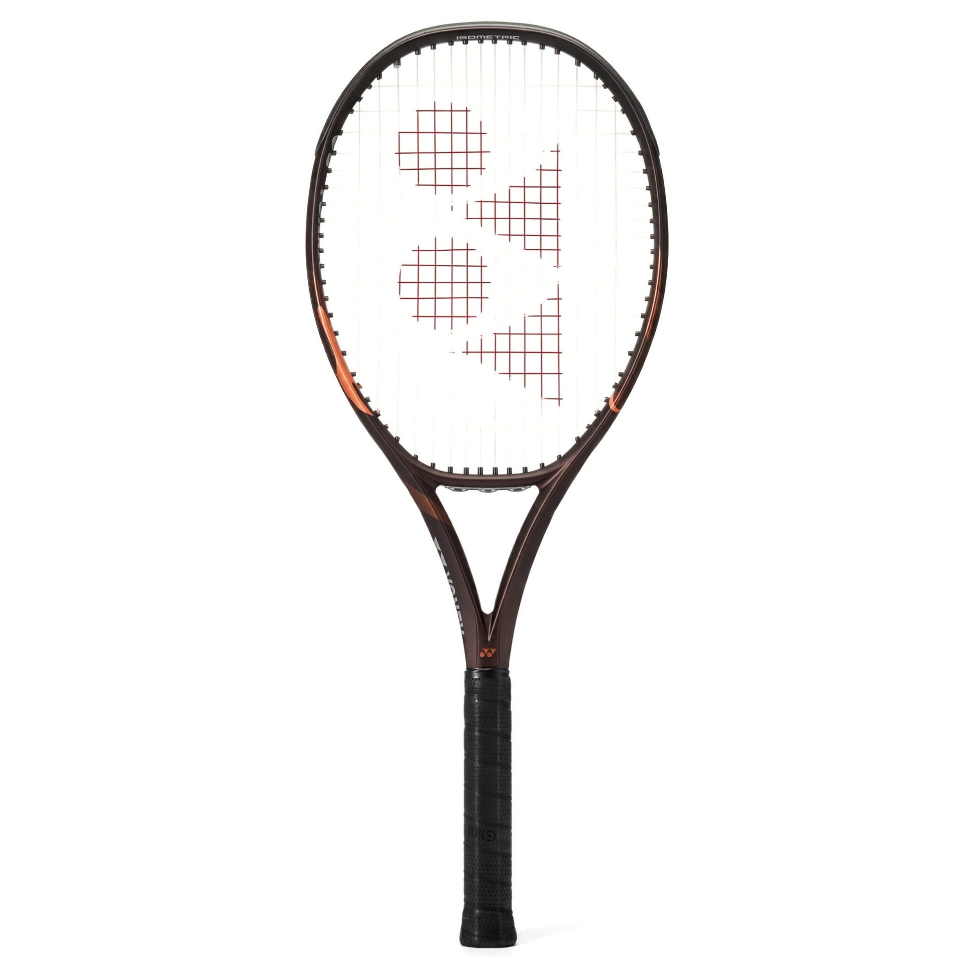 A Yonex tennis racket with a dark brown and black frame, orange accents near the throat, and white strings featuring a red Yonex logo, shown against a plain white background.