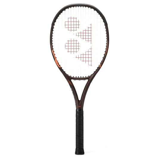 A Yonex tennis racket with a dark brown and black frame, orange accents near the throat, and white strings featuring a red Yonex logo, shown against a plain white background.