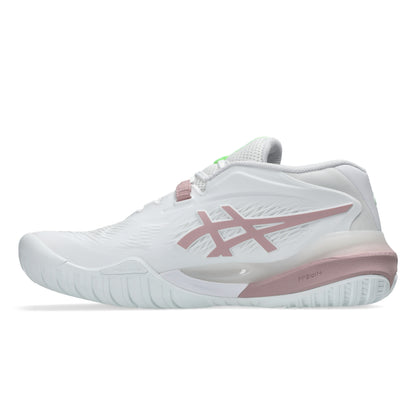 White Asics tennis shoe with pink accents on a white background