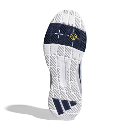 A single Adidas padel shoe shown from a top-down view with a white and navy shoe sole on a white background with a soft shadow. The shoe is primarily white with a dark navy blue.