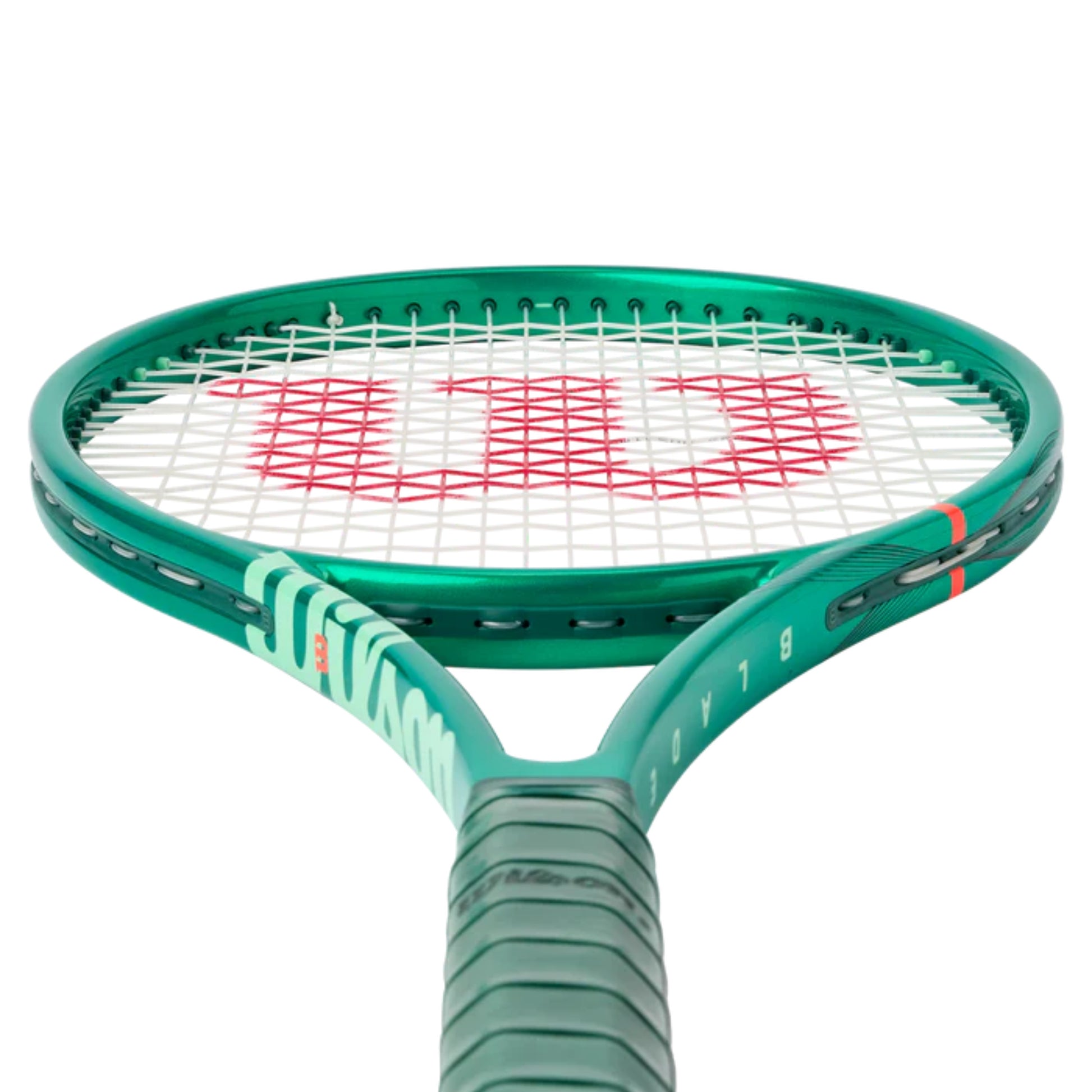 Green Wilson tennis racket with red lettering on a white background